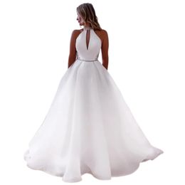 A Line White Organza Wedding Dresses Simple Heyhole High Neck Crystals Bridal Gowns robe de mariage with Pockets