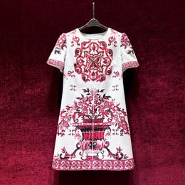 2023 Summer White Red Floral Paisley Print Dress Short Sleeve Round Neck Knee-Length Casual Dresses A3Q122240