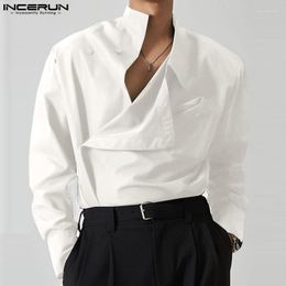 Men's Casual Shirts INCERUN Tops 2023 Korean Style Men Diagonal Placket Solid Simple All-matcg Blouse Fashionable Male Long Sleeved S-5XL