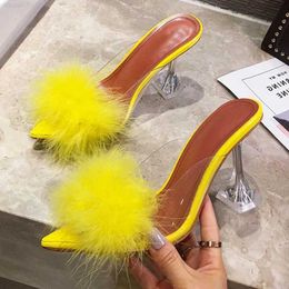 Slippers Comemore 2023 Shoes Woman Transparent High Heels Fur Slingback Pumps Women Peep Toe Mules Lady Slides White Slippers Nightclub L230717