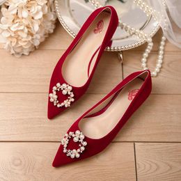 Dress Shoes Pregnant Women Wedding 2023 Bride Flats Safe Relax Comfortable Feet Win Red Suede Pearl Buckle Low Heel