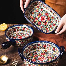 Bowls Retro Ceramic Handle Salad Bowl Household Oven Breakfast Bake Pan Microwave Bohemia Binaural Soup In-glaze Tableware Ramen