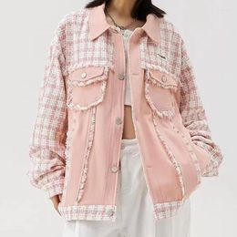 Women's Jackets Small Fragrant Plaid Patchwork Denim Jacket Women Korean Fashion Coat Spring 2023 Loose Design Feel Pink Sweet Girl Top