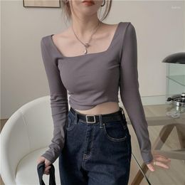 Women's T Shirts Korean Cropped Tops Square Neck T-Shirt Women Long Sleeve Spring And Autumn Irregular Slim Y2k Clothes Casual Girl Tee