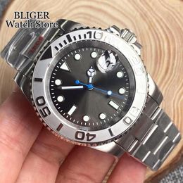 Wristwatches Diving NH35A Sapphire Crystal Silver Insert Automatic Men Watch Lume Blue Hand Grey Dial Middle Polished Strap Tandorio