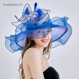 Wide Brim Hats Women Elegant Summer Sun Hat Fashion Beach For Wedding Party Kenducky Chapeau Cap With Floral Veils Headpiece