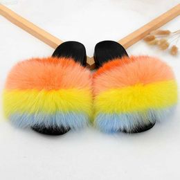 Slippers Wholesale Summer Women's Fox Fur Slippers Ladies Fashion Fluffy Sandals Female Casual Non-Slip Flip Flops Girl's Plush Slides L230717