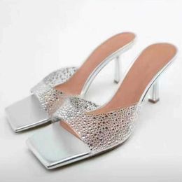 Sandals women Transparent Rhinestone Fashion Bling Strap Square High Heeled Slipper Vintage Chunky Heel Pumps Summer 230417