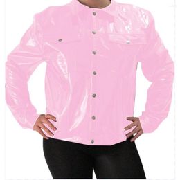 Women's Blouses Women Jacket Button Up Long Sleeve Shirts Gloosy PVC Lapel Collar Front With Pocket Slim Blouse Tops Club Casual Workwear