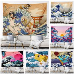 Dried Flowers Kanagawa Big Wave Tapestry Wall Hanging Aesthetic Room Decor Japan Landscape Printed Large Fabric Home Decoration 230717