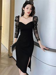 Casual Dresses 2023 In Women Formal Dress Mujer Black Mesh Sparkly Sequin Sheer Low Cut Midi Femme Party Evening Stretchy Vestidos