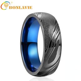 Wedding Rings BONLAVIE 8mm Gun Grey Damascus Steel Blue Inner Ring for Men Fashion Wedding Rings Gift Size 7-12 230717