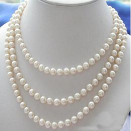 Chains Hand Knotted Necklace Natural 7-8mm White Freshwater Pearl Sweater Chain Nearly Round 50 Inch