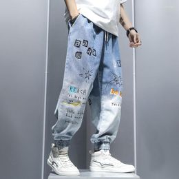 Calça Jeans Masculina Grafite Impressão Gradiente Hip Hop Harém Desenhos Animados Solto Calças Tornozelo Casual Cargo Denim Para Homens
