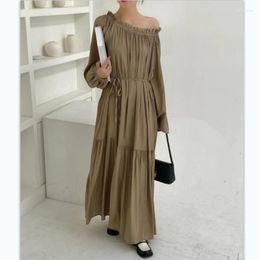 Casual Dresses Summer Dress Chiffon Slash Neck Long Sleeve Women Ruffles Off-shoulder Vestido Feminino Korean Fashion Dropship