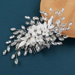 Hair Clips Porcelain Flower Comb Pin Clip Silver Color Hairpin For Brides Crystal Pearl Head Pieces Wedding Accessories Bridal Jewelry