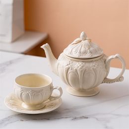 Milky Embossed Ceramic Pot Coffee Cup Saucer Creative European Afternoon Tea Teapot Teacup Simple White Porcelain227g