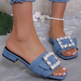 Slippers Women Flat Sandals Glamorous Rhinestone Decor Glamorous Blue Denim Slide Sandals 2023 Summer Outdoor slippers L230717