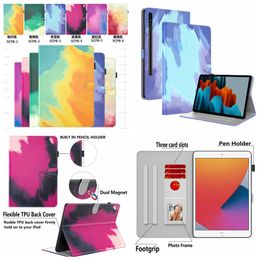S9 Watercolor Oil Color Ink Painting PU Leather Cases For Samsung Galaxy Tab S9 11inch S9+ 12.4inch Fashion Wallet ID Card Slot Holder Flip Cover Shakeproof Book Pouch