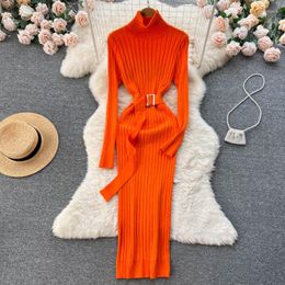 Casual Dresses Slim Wrap Hip Solid High Collar Sweater Jersey Dress Spring Autumn Vestidos Belt Waist Long Sleeve Women Knitted Y2k