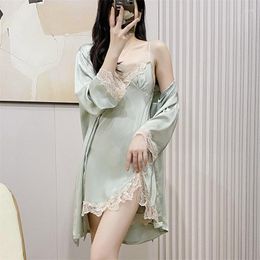 Women's Sleepwear Sexy Women Nighty&Robe Set Lace Kimono Bathrobe Gown Suit Summer Silky Satin Nightdress Lady Nightgown Loungewear