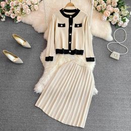 Work Dresses Young Gee Women Suits Ladies Temperament Contrast Colour O-neck Knitted Cardigan Tops Two Pieces Sets High Waist Pleated Skirts