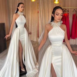 Vintage A Line Wedding Dresses Halter Satin Wedding Dress Overskirts Slit Long designer bridal gowns sweep train