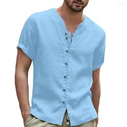 Men's Casual Shirts Retro Style Summer Shirt Mock Neck Solid V-Neck Short Sleeve Loose Top Handsome US Size