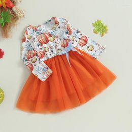 Girl Dresses Suefunskry Kids Girls Halloween Dress Pumpkin Print Layered Tulle Long Sleeve Fall Casual Clothes Princess 1-4Years