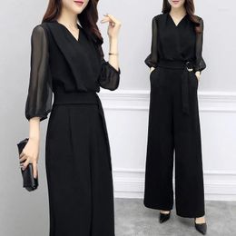 Women's Two Piece Pants 2023 Spring And Summer High-Waisted Chiffon Jumpsuit Black Seven-Point Sleeve Slim Show Thin Temperament Wide-leg