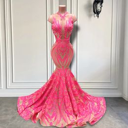 South African Nigeria Pink Lace Mermaid Evening Dresses For Women Sheer Neck Sleeveless Special Occasion Party Gowns Slim Fit Plus Size Formal Prom Dress Long CL2628