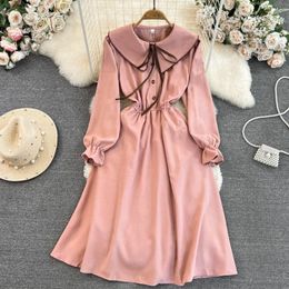 Casual Dresses 2023 Spring Autumn Korean Style Dress Female Preppy Bow Solid A-Line Mid-Length Petal Sleeve All-Matched