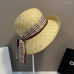 Wide Brim Hats Roll Up Sun For Women UPF 50 Straw Hat Plaid Ribbon Band Beach Summer Vacation