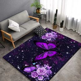 Carpets Gorgeous purple Flower Printed Carpet Modern Butterfly Carpet For Living Room Bedroom Bedside Rug Floor Mat Hallway Non-Slip Rug R230717