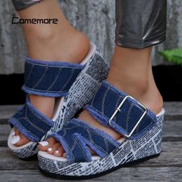 Slippers Comemore 2023 Fashion Denim Women's Sandals Casual Vacation Sandal Summer Wedge Slippers Buckle Platform Slides Shoes for Women L230717