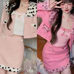 Women's Tracksuits 2023 Elegant Sweet Pink Flocked Shorts Sets For Women Y2k Knitted Leopard Print Matching Spring Fashion Skirts
