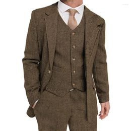 Men's Suits 2023 Brown Wool Tweed Male Suit For Winter 3 Piece Groom Tuxedo Fashion Set Jacket (Jacket Vest Pants)