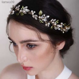 Trendy Bridal Headdress Wendding Headwear Pearl Rhinestone Headband With Green Leaves Women Hair Accessories Princess Head Band L230704