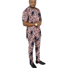 Men's Tracksuits African Fashion Men's Set Outfits Short Sleeve Tops Patch Trousers Nigerian Print Male Pant Suits Party Wear Customised 230715