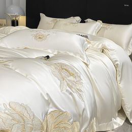 Bedding Sets Luxury Gold Embroidery Set Lyocell Fibre Soft Silky Duvet Cover With All-around Elastic Rubber Band Bed Sheet Pillowcase