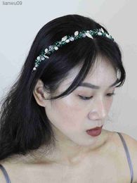 Bohemian Green Crystal Pearls Leaves Headbands Tiaras Wedding Hair bands Bridal Headdresses for Hair Accessories Hair Jewelry L230704