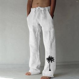 Men's Pants Imitation Cotton Linen Trousers Palm-Tree Hawaii Fashion Elastic Waist Loose Wide Leg Summer Casual