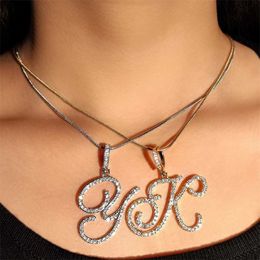 Pendant Necklaces Hot a z Initial Cursive Letters Necklace for Women Gold Silver Colour Shiny Rhinestone Metal Chain Jewellery Gift 230613