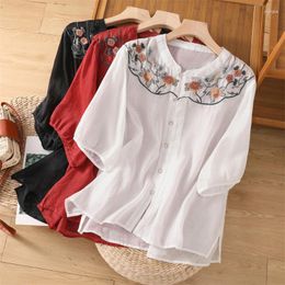 Women's T Shirts Summer Vintage Women Embroidery Floral White Red Black Half Sleeve Cotton Linen Top Shirt Woman Clothing Casual Tops