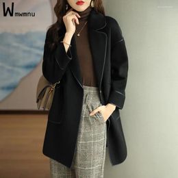 Women's Suits Woolen Mid-long Blazer Women Solid Luxury Double Breasted Casual Oversized 4XL Suit Coats Office Lady One Piece Black Outwear