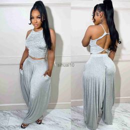 Women's Two Piece Pants Casaul Women Tracksuit Two Piece Set Slim Crop Tank Top + Loose Long Pants Sportsuit Matching Set Clothes For Women Outfit J230717