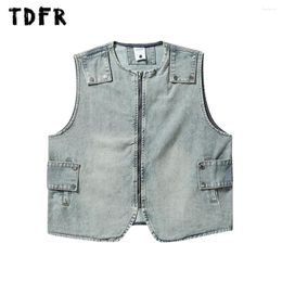 Men's Vests Denim Cargo Vest Mens Washed Distressed Button Decoration Crew Neck Zipper Sleeveless Men