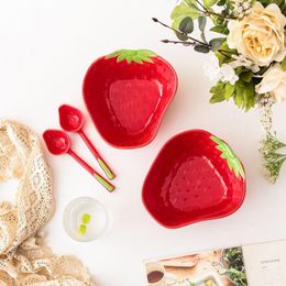 Bowls Japanese Cute Big Red Strawberry Fresh And High Beauty Household Ceramic Tableware 6.5-inch Soup Bowl Long Handle Spoon