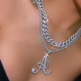 Pendant Necklaces Bling Crystal a z Cursive Initial Letter Necklace for Women Luxury Iced Out Zircon Tennis Chain Hip Hop Jewelry 230613