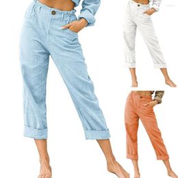 Women's Pants Cotton Linen Summer Women High Waist Elastic Buttons Zipper Pockets Solid Colour Loose Casual Trousers Pantalones